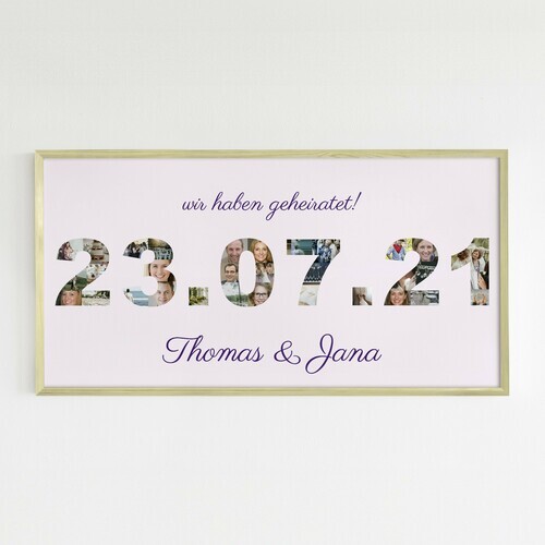 Datum des Hochzeitstags als Fotocollage mit Namen des Brautpaars